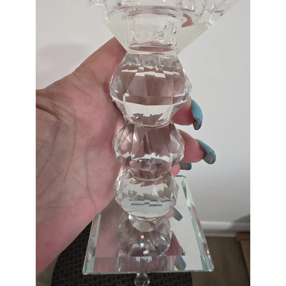Art Deco CRYSTAL Set of 2  Gemstone Cut PRISM Pillar Candlestick Holder Pair